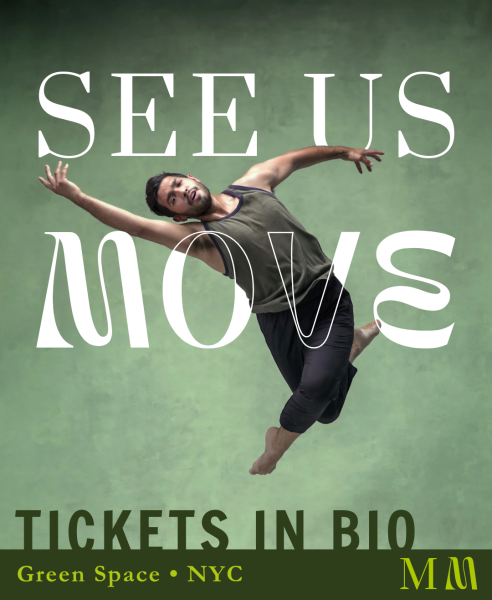 a image of a dancer in midair with arms extended, behind is a light green background with white letters saying "see us move"