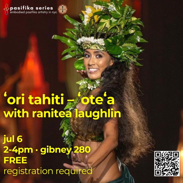 Ranitea Laughlin smiles at the camera while dancing ʻoteʻa in performance costume.