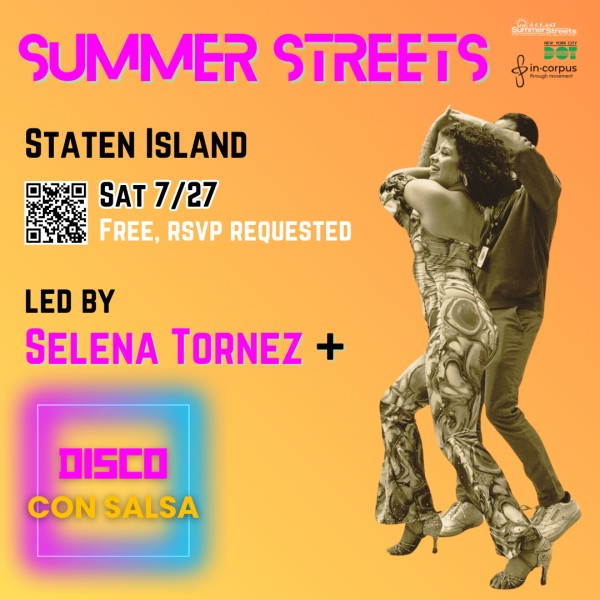Selena dances with a partner on an orange background. Bright colored text describes event details.