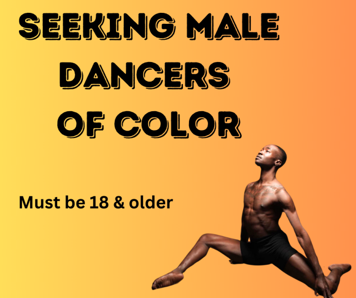 Black male in fourth position against a orange and yellow gradient backdrop with the words "SEEKING MALE DANCERS OF COLOR" 