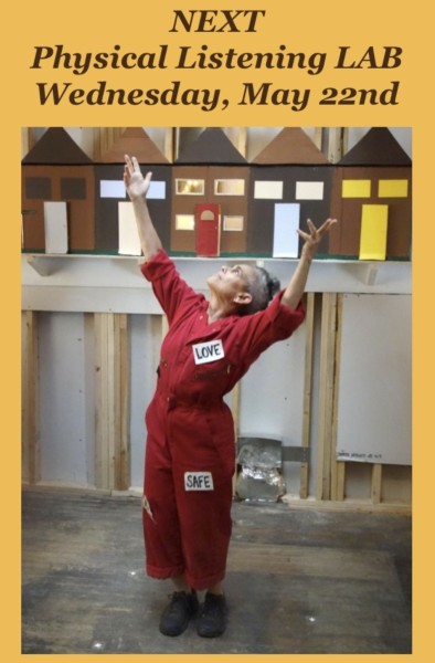 A photograph of JoAnna Mendl Shaw wearing a red jumpsuit, text reads “NEXT Physical Listening LAB Wednesday, May 22nd”