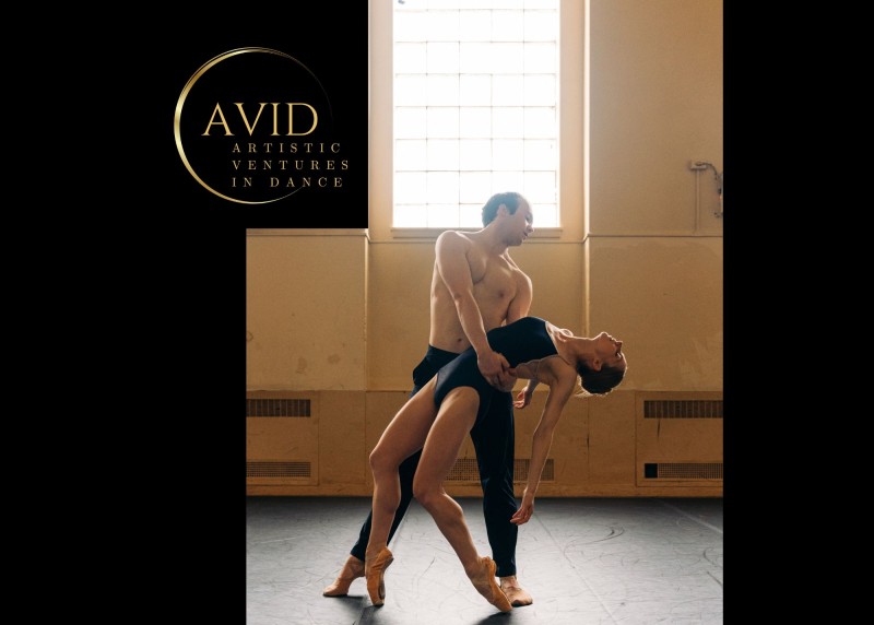 AVID's logo appears in gold letters on a black background. Dancers are pictured one is draped over the others arm.