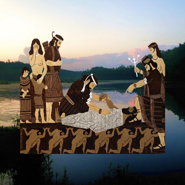 Figures from the epic of Gilgamesh overlaid on an image of a sunset of the lake at Wildheart 