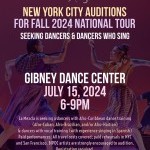 Two barefoot dancers hitting sticks in opposite hands overhead. Audition description and info over the photo. 
