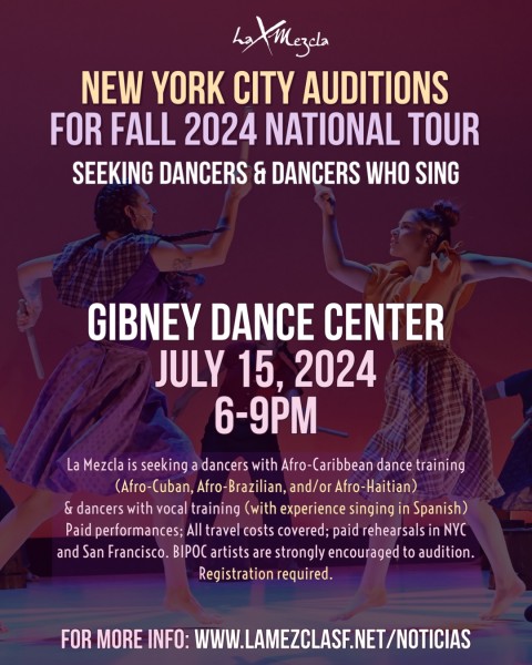 Two barefoot dancers hitting sticks in opposite hands overhead. Audition description and info over the photo. 