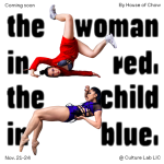 Two dancers (one in red, one in blue) in dance poses in between the words "the woman in red, the child in blue"