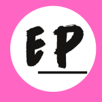 Pink background, White circle, EP with line under written in black