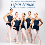 Five dancers in navy blue leotards, pink tights, and black skirts, posing in pointe shoes next to each other.