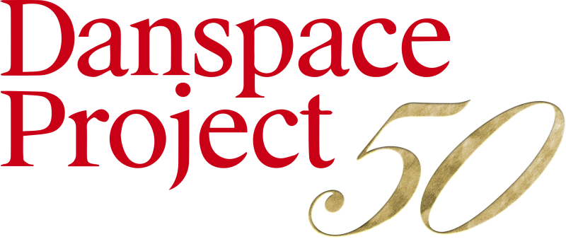 A logo with "Danspace Project" in red font and a "50" in gold font