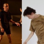 On the left is Glenn Potter-Takata standing on stage wearing black; on the right is Jade Manns dancing wearing tan