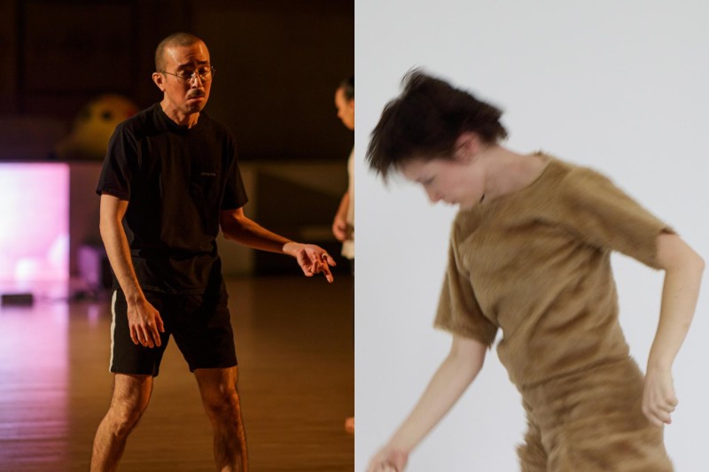 On the left is Glenn Potter-Takata standing on stage wearing black; on the right is Jade Manns dancing wearing tan