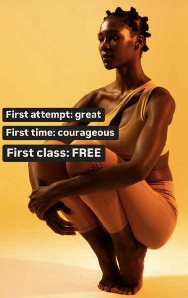 young black female yoga instructor in crouch pose wearing warm tone athletic wear