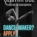 black and white image of dancer wit orange and blue text overlaid.