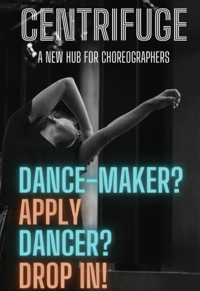 black and white image of dancer wit orange and blue text overlaid.