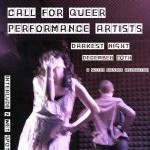 A poster with two purple-lit dancers bouncing in their hips reads: CALL FOR QUEER PERFORMANCE ARTISTS