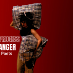 Dancer carrying bags on red background with text "Work In Process The Stranger Yang Sun & Poets"