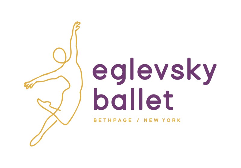 this is a logo for eglevsky ballet with an outline of a dancer and the name of the organization