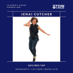 Jenai Cutcher, a tap dancer, dances in a black tank top and jeans