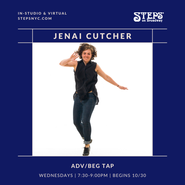 Jenai Cutcher, a tap dancer, dances in a black tank top and jeans