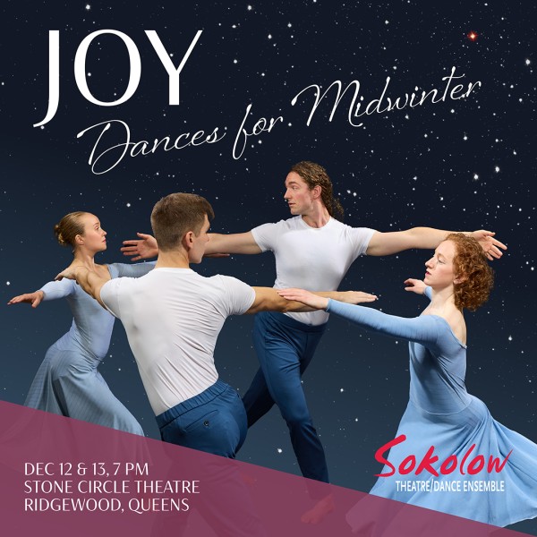 Four dancers lunge in a circle reaching for each other underneath text that reads "Joy: Dances for Midwinter"