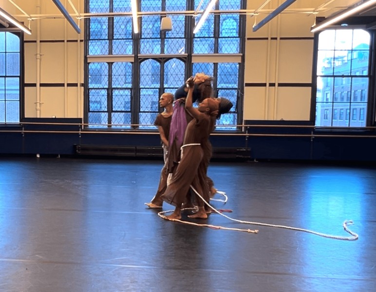 4  BIPOC dancers  wearing skin tone jump white  ropes around the waist lifting a light skinned African American woman 