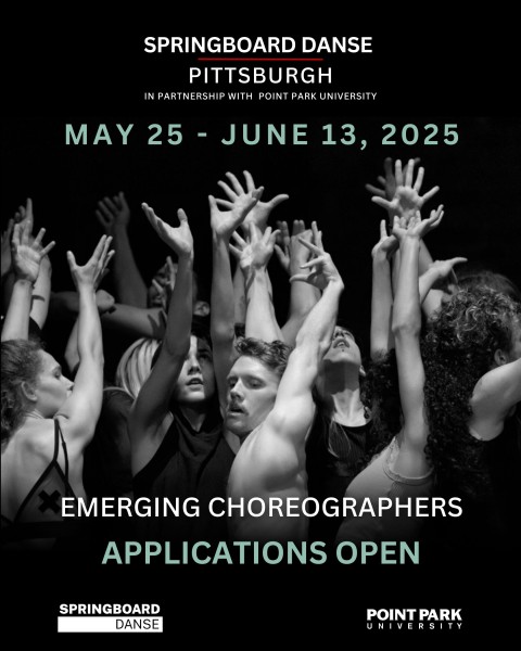 Flyer for the Springboard emerging choreographer program that depicts dancers reaching toward the sky