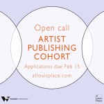 White circles on a light purple background. Text in orange reads: Open Call, Artist Publishing Cohort, deadline Feb 15 