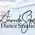 Logo for Amanda Selwy Dance Studio, text over an image of a dance studio