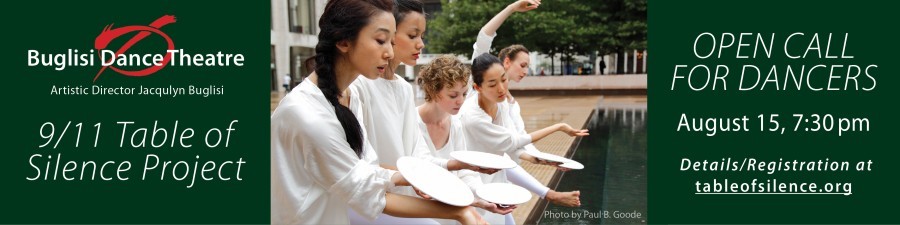 Center 5 dancers in white leaning over water on a plaza holding a white ceramic plate