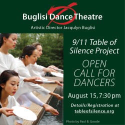 4 dancers in white leaning over water on a plaza holding a white ceramic plate