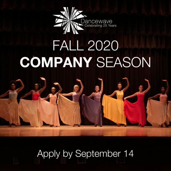 Dancers standing with skirts lifted to their hips, and one arm up. Above has text: "Fall 2020 Company Season"