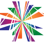 Dancewave logo depicting the Brooklyn bridge in rainbow color starburst