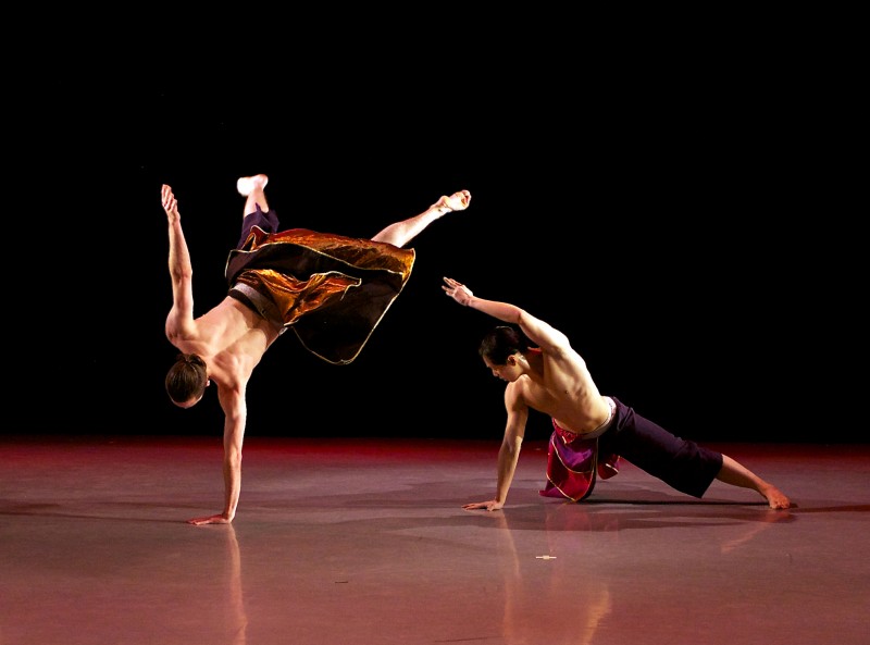 Two athletic male dancers dancing with each orhter