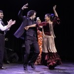 Two flamenco dancers facing each other each with one arm extended upwards.