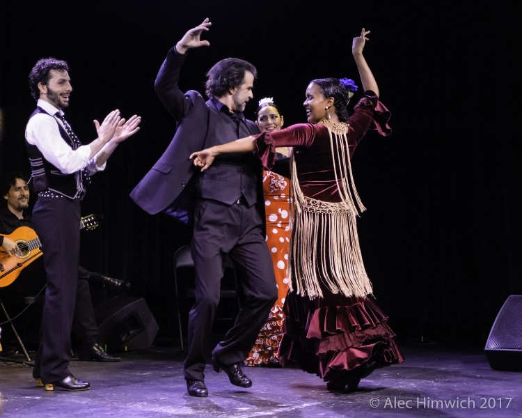 Two flamenco dancers facing each other each with one arm extended upwards.