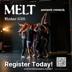 A photo of dancers lifting another up in the air in a studio of a Summer MELT workshop. There is a standing lamp off to one corner as the lifted dancer reaches up in the air. Photo by Rachel Keane.