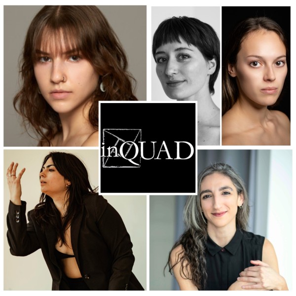 portraits of 5 female identifying choreographers surrounding a text logo of 'inQUAD'.