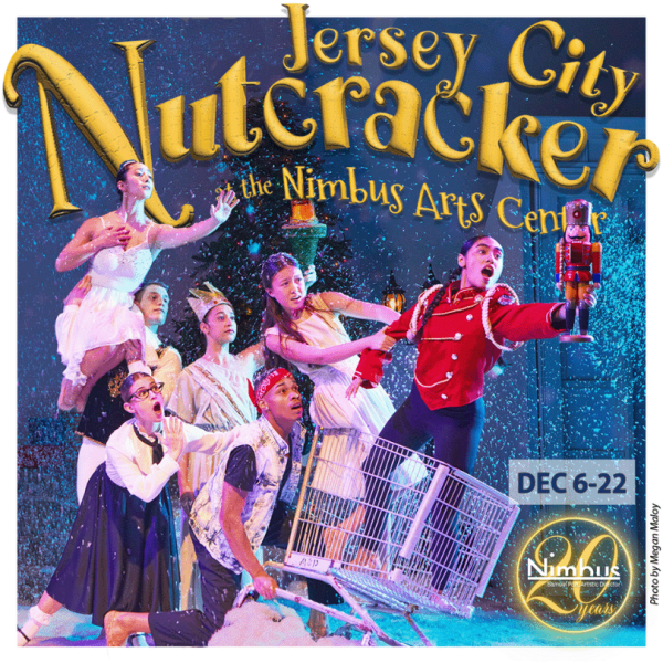 The poster promotes the "Jersey City Nutcracker" at the Nimbus Arts Center. At the top, the title appears in large, golden lette