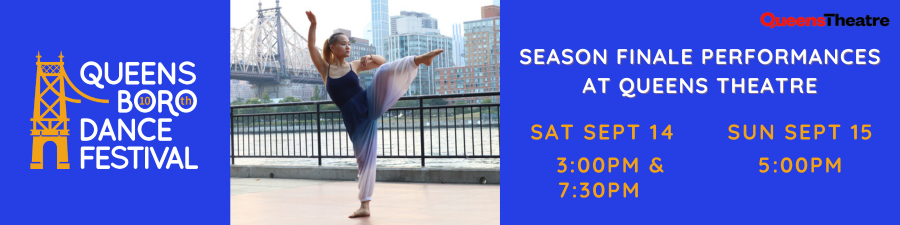 Image of dancer with one leg in side attitude, Queensborough Bridge in background. QDF logo on left side, Queens Theatre logo on right.