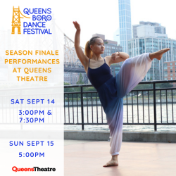 Image of dancer with one leg in side attitude, Queensborough Bridge in background. QDF logo at top, Queens Theatre logo on bottom.