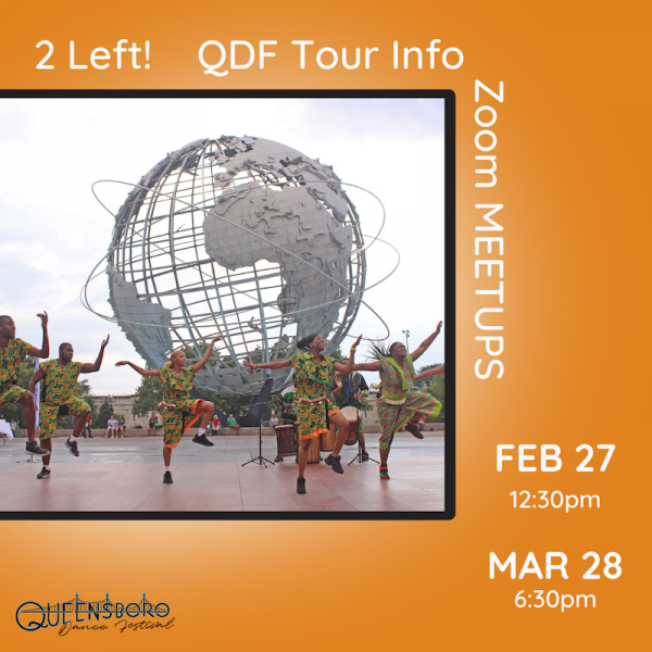 West African dancers in front of the Unisphere. Orange background with white info text around it.