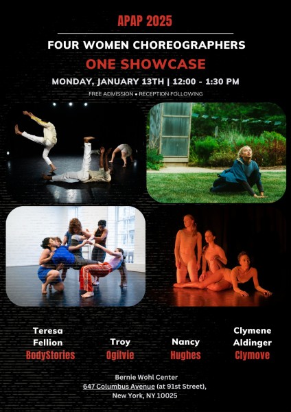 A poster with 4 images of Clymoves, Troy, Nancy, and BodyStories marketing the APAP showcase with date time and location