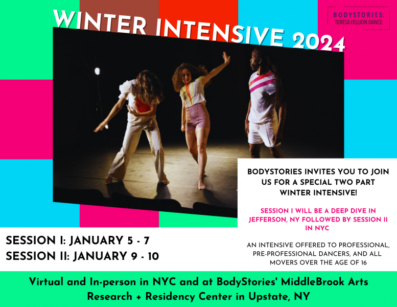 A flyer for the BodyStories Winter Intensive with dates for two sessions - Session 1: 5-7 and Session 2:  9-10