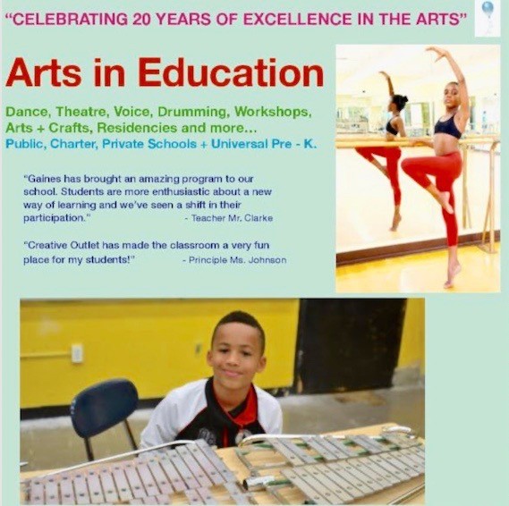 This is our flyer for our Arts In Education Program with a dancer in the top left and a child sititng in front of an xylophone 