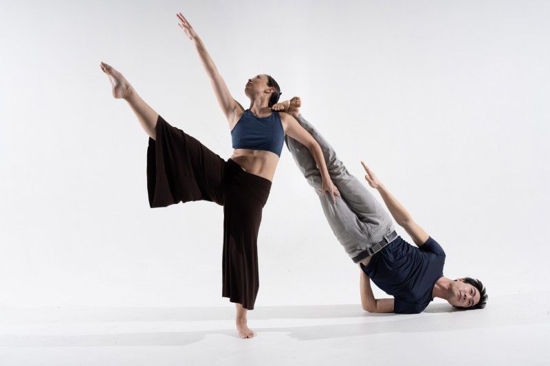 2 dancers pose, one standing raising one leg, the other inverted with his feet on her shoulder.