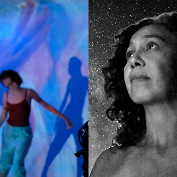 A split image between a dancer in front of a blue background and a greyscale image of a face superimposed over a starry sky. 