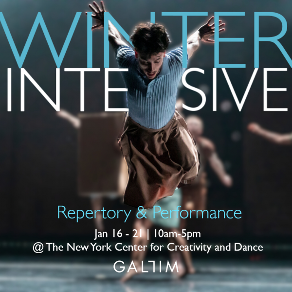 Dancer jumps through the text: WINTER INTENSIVE