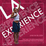 Dancer reaches up on top of magenta background with words that read: LA Experience 