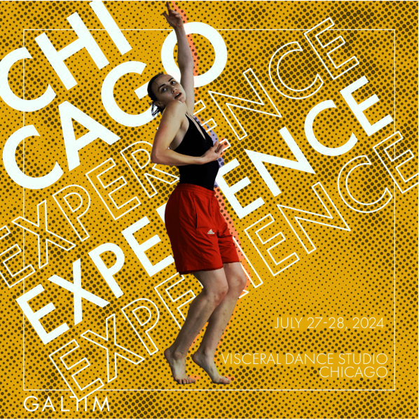 dancer poses over a yellow background with text surrounding them 
