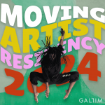 Dancer jumping in front of bubbly text that reads: Moving Artist Residency 2024